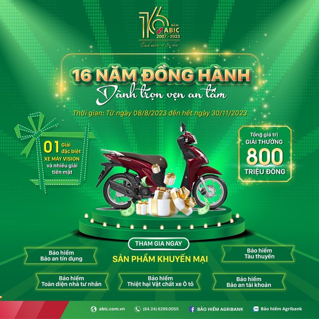 Bảo hiểm Agribank khuyến mại hấp dẫn nhân dịp 16 năm thành lập