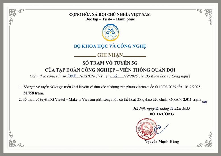 Bộ Khoa học và Công nghệ ghi nhận Viettel hoàn thành cam kết triển khai mạng 5G