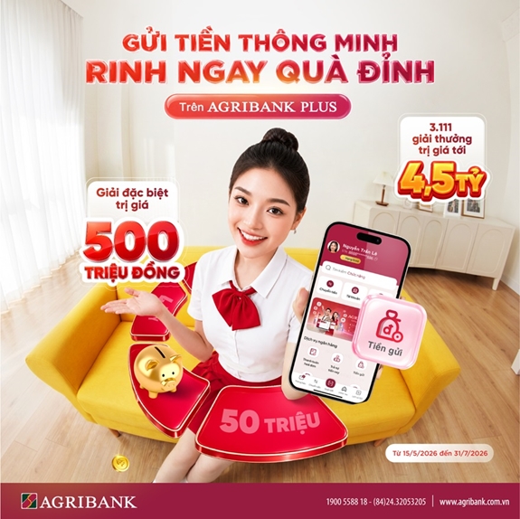 Cơ hội trúng 500 triệu đồng khi gửi tiền dự thưởng trên Agribank Plus